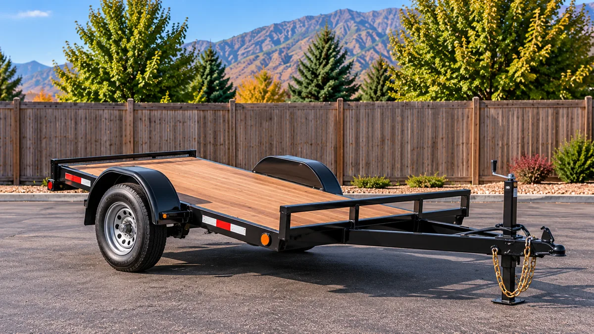 Black 5 by 8 single-axle tilt trailer with stained wood deck
