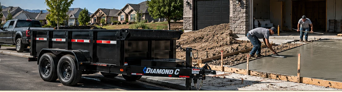 Gritmoor dump trailer parked beside an active residential concrete pour in a Utah neighborhood
