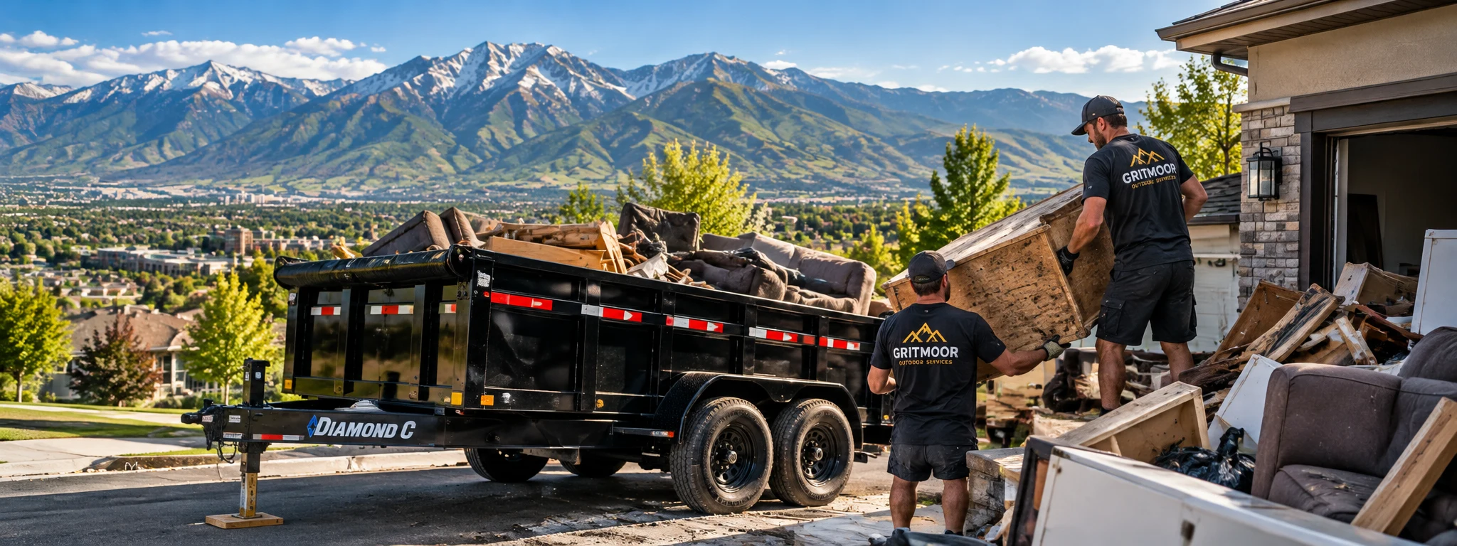 Gritmoor crew loading junk onto a Diamond C dump trailer with Wasatch Mountain views in the background