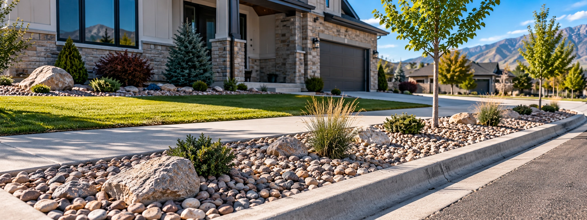 Rock-filled low-maintenance suburban parking strip with river stones, a few plants and a neat concrete curb
