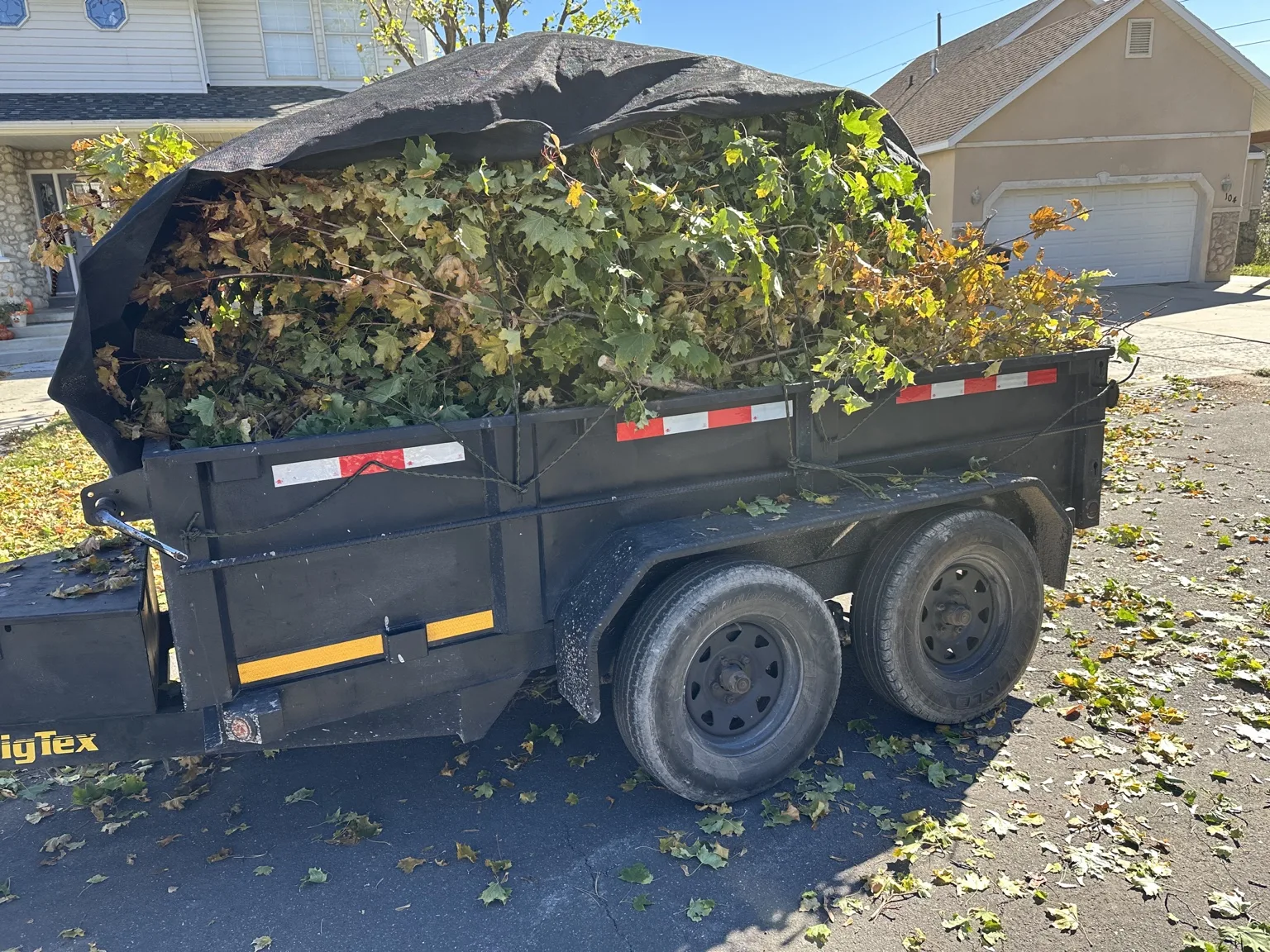 Dump trailer loaded with yard debris for junk removal