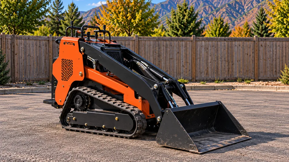 Compact stand-behind mini skid with bucket attachment