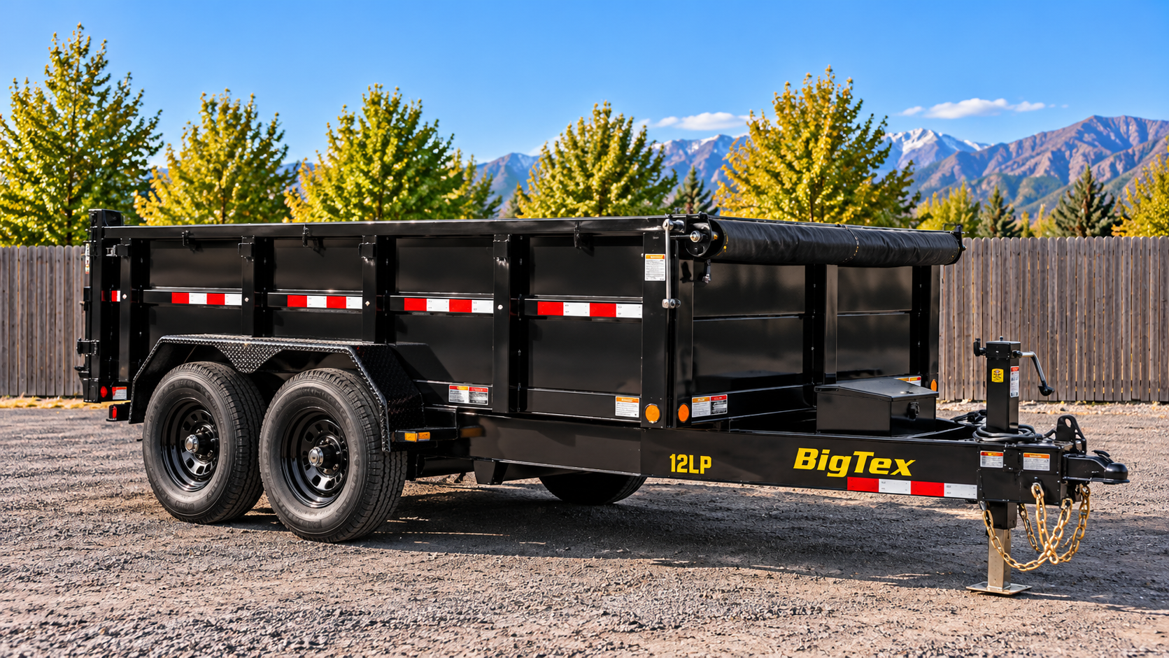 Black 6 by 12 BigTex tandem-axle dump trailer