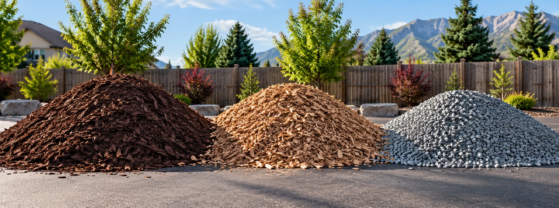 Gravel, soil, mulch, and other landscape materials staged for delivery in Utah