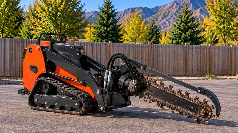 Compact stand-behind mini skid with trencher attachment